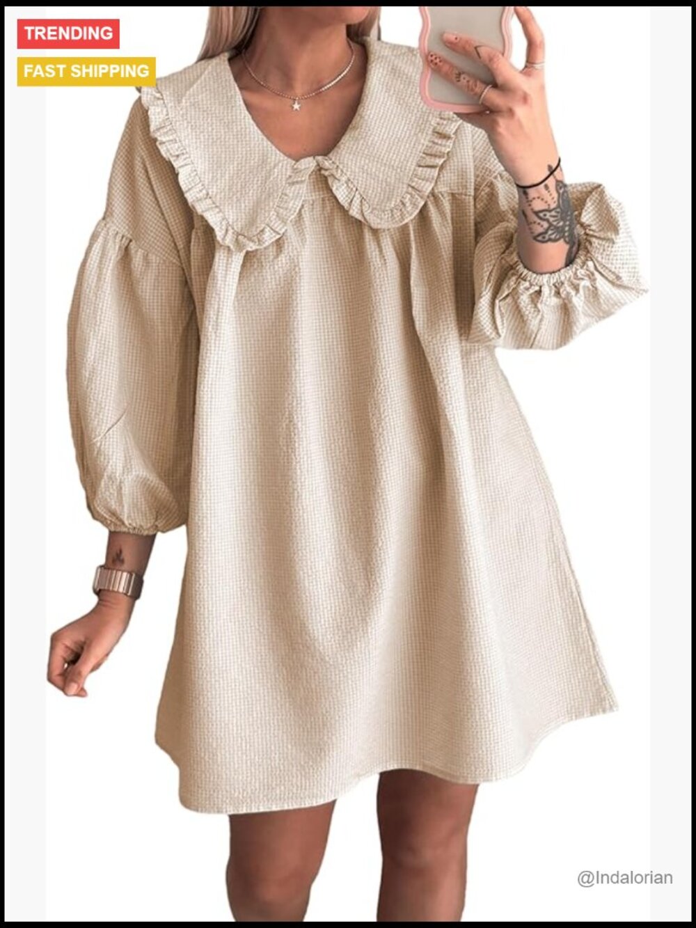 Babydoll Mini Dress Puff Sleeve Doll Collar Plaid Loose Fit Y2k Summer